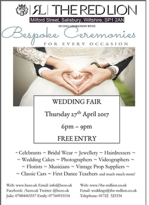 Bespoke Ceremonies will be taking part at The Red Lion Wedding Fair in Salisbury on Thursday 27th April, 2017